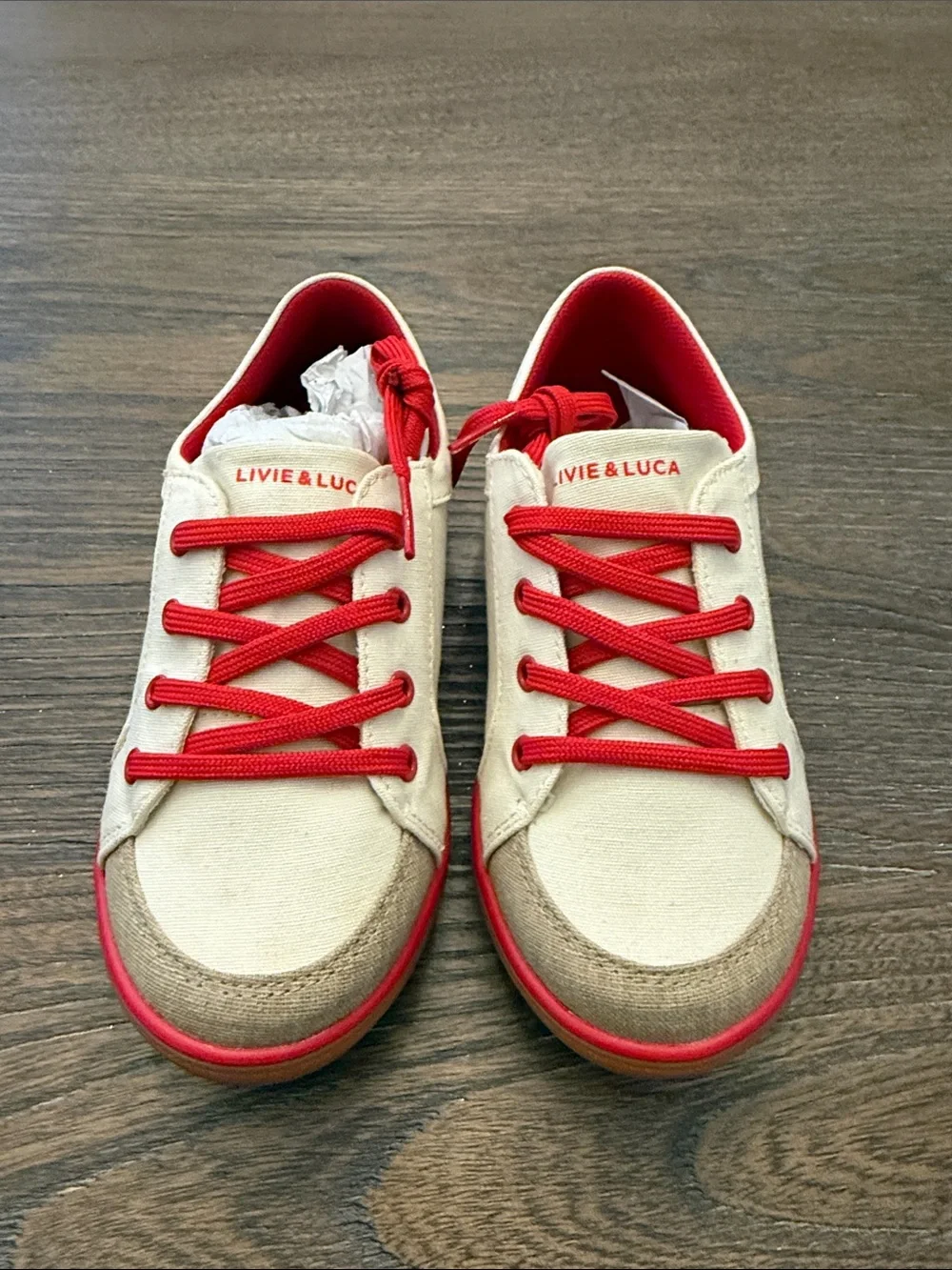 Livie & Luca Cream Canvas Sneakers with Red Trim New 12 Boys